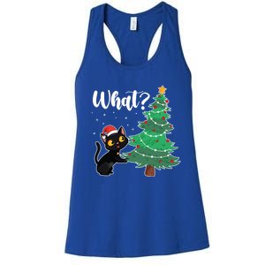 Funny Black Cat Gift Pushing Christmas Tree Over Cat What? Gift Women's Racerback Tank