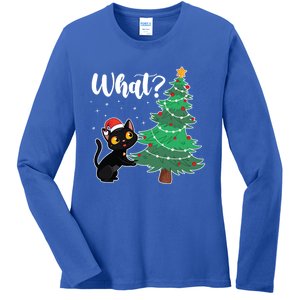 Funny Black Cat Gift Pushing Christmas Tree Over Cat What? Gift Ladies Long Sleeve Shirt