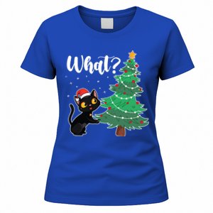 Funny Black Cat Gift Pushing Christmas Tree Over Cat What? Gift Women's T-Shirt