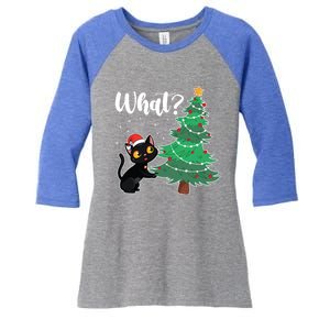 Funny Black Cat Gift Pushing Christmas Tree Over Cat What? Gift Women's Tri-Blend 3/4-Sleeve Raglan Shirt