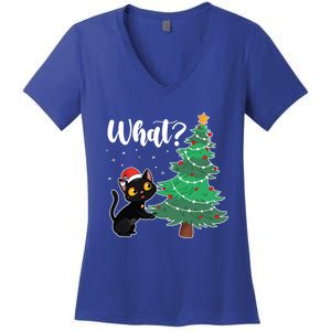 Funny Black Cat Gift Pushing Christmas Tree Over Cat What? Gift Women's V-Neck T-Shirt