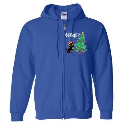 Funny Black Cat Gift Pushing Christmas Tree Over Cat What? Gift Full Zip Hoodie