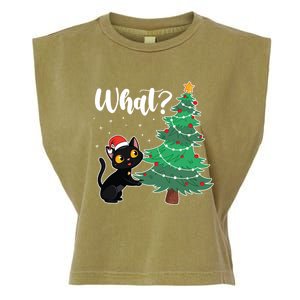 Funny Black Cat Gift Pushing Christmas Tree Over Cat What? Gift Garment-Dyed Women's Muscle Tee