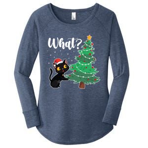 Funny Black Cat Gift Pushing Christmas Tree Over Cat What? Gift Women's Perfect Tri Tunic Long Sleeve Shirt