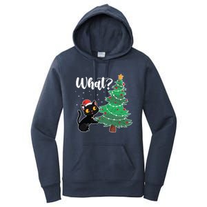 Funny Black Cat Gift Pushing Christmas Tree Over Cat What? Gift Women's Pullover Hoodie