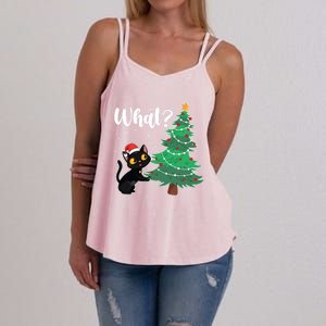 Funny Black Cat Gift Pushing Christmas Tree Over Cat What? Gift Women's Strappy Tank