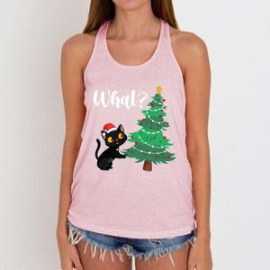 Funny Black Cat Gift Pushing Christmas Tree Over Cat What? Gift Women's Knotted Racerback Tank