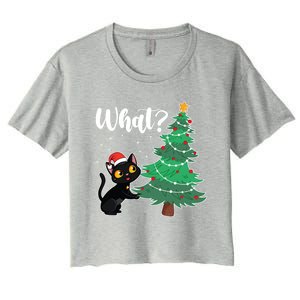 Funny Black Cat Gift Pushing Christmas Tree Over Cat What? Gift Women's Crop Top Tee