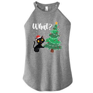 Funny Black Cat Gift Pushing Christmas Tree Over Cat What? Gift Women's Perfect Tri Rocker Tank