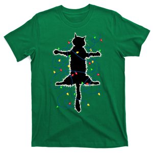 Funny Black Cat In Fairy Lights Christmas Vacation Pajama Idea For Xmas Gift T-Shirt