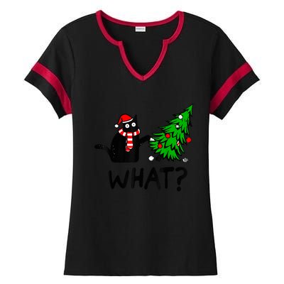 Funny Black Cat Gift Pushing Christmas Tree Over Cat What? Ladies Halftime Notch Neck Tee