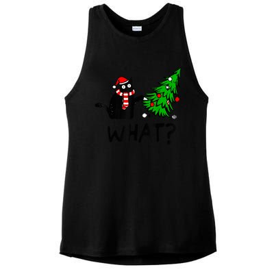 Funny Black Cat Gift Pushing Christmas Tree Over Cat What? Ladies PosiCharge Tri-Blend Wicking Tank