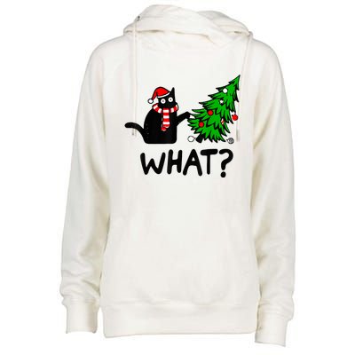 Funny Black Cat Gift Pushing Christmas Tree Over Cat What? Womens Funnel Neck Pullover Hood