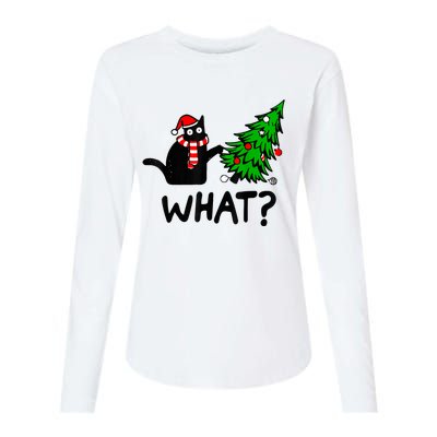 Funny Black Cat Gift Pushing Christmas Tree Over Cat What? Womens Cotton Relaxed Long Sleeve T-Shirt