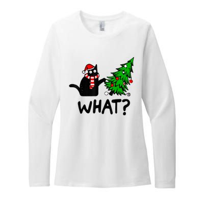 Funny Black Cat Gift Pushing Christmas Tree Over Cat What? Womens CVC Long Sleeve Shirt