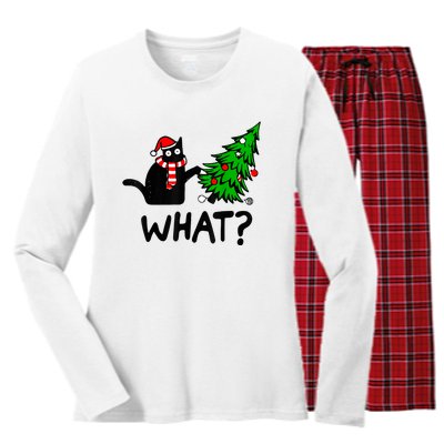 Funny Black Cat Gift Pushing Christmas Tree Over Cat What? Women's Long Sleeve Flannel Pajama Set 