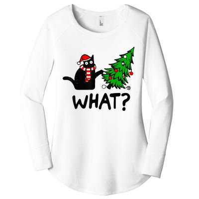 Funny Black Cat Gift Pushing Christmas Tree Over Cat What? Women's Perfect Tri Tunic Long Sleeve Shirt