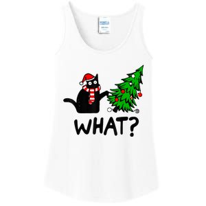 Funny Black Cat Gift Pushing Christmas Tree Over Cat What? Ladies Essential Tank