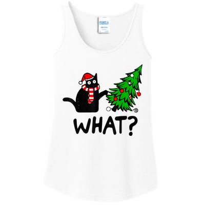 Funny Black Cat Gift Pushing Christmas Tree Over Cat What? Ladies Essential Tank