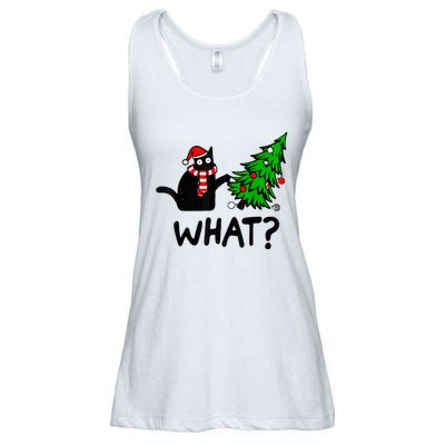 Funny Black Cat Gift Pushing Christmas Tree Over Cat What? Ladies Essential Flowy Tank