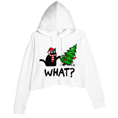 Funny Black Cat Gift Pushing Christmas Tree Over Cat What? Crop Fleece Hoodie