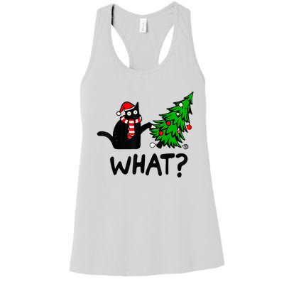 Funny Black Cat Gift Pushing Christmas Tree Over Cat What? Women's Racerback Tank