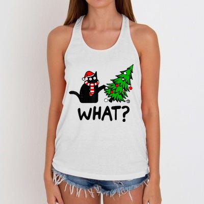 Funny Black Cat Gift Pushing Christmas Tree Over Cat What? Women's Knotted Racerback Tank