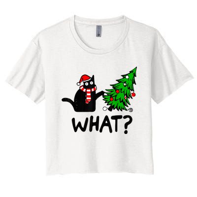 Funny Black Cat Gift Pushing Christmas Tree Over Cat What? Women's Crop Top Tee