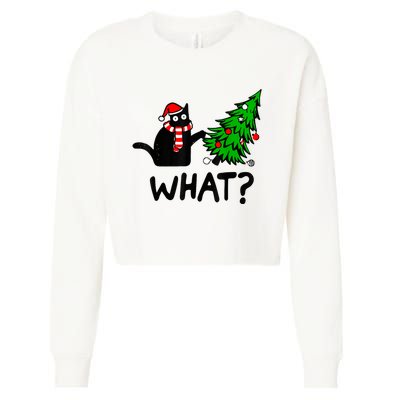 Funny Black Cat Gift Pushing Christmas Tree Over Cat What? Cropped Pullover Crew