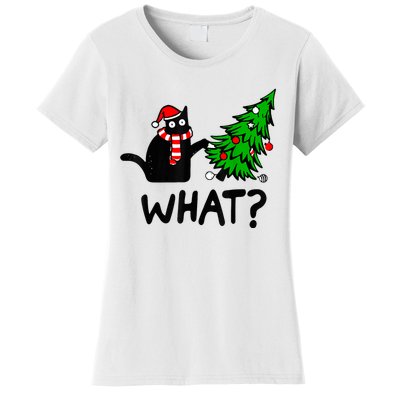 Funny Black Cat Gift Pushing Christmas Tree Over Cat What? Women's T-Shirt