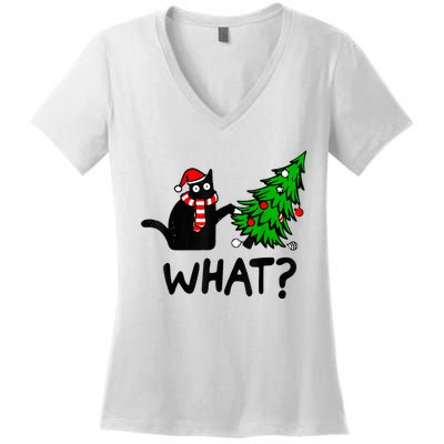 Funny Black Cat Gift Pushing Christmas Tree Over Cat What? Women's V-Neck T-Shirt