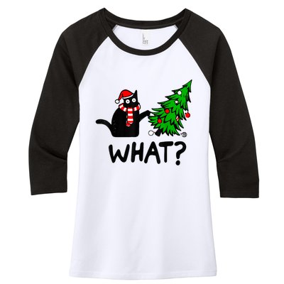 Funny Black Cat Gift Pushing Christmas Tree Over Cat What? Women's Tri-Blend 3/4-Sleeve Raglan Shirt