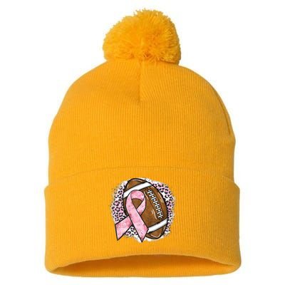 Football Breast Cancer Awareness Pink Ribbon Leopard Pom Pom 12in Knit Beanie