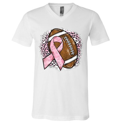 Football Breast Cancer Awareness Pink Ribbon Leopard V-Neck T-Shirt
