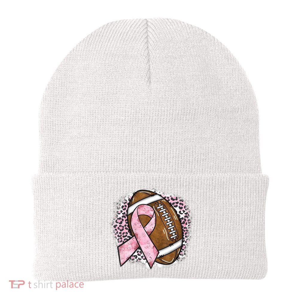 Football Breast Cancer Awareness Pink Ribbon Leopard Beanie