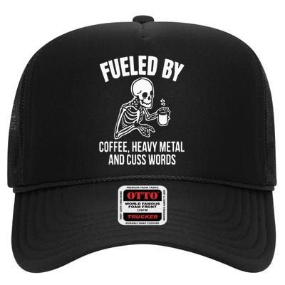 Fueled By Coffee: Skull Skeleton Design for Metal Lovers High Crown Mesh Back Trucker Hat