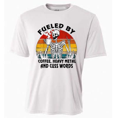 Fueled By Coffee Heavy Metal And Cuss Words Skull Skeleton Cooling Performance Crew T-Shirt