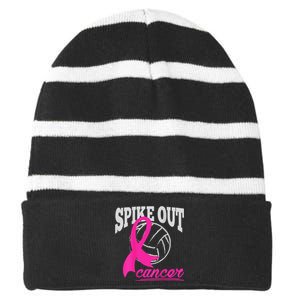 Fight Breast Cancer Volleyball Pink Ribbon Awareness Striped Beanie with Solid Band