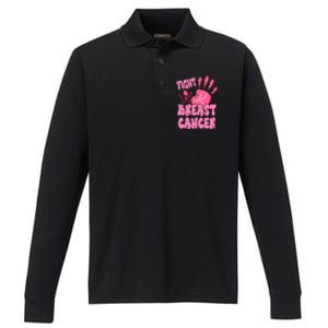 Fight Breast Cancer Handprint Ribbon Performance Long Sleeve Polo