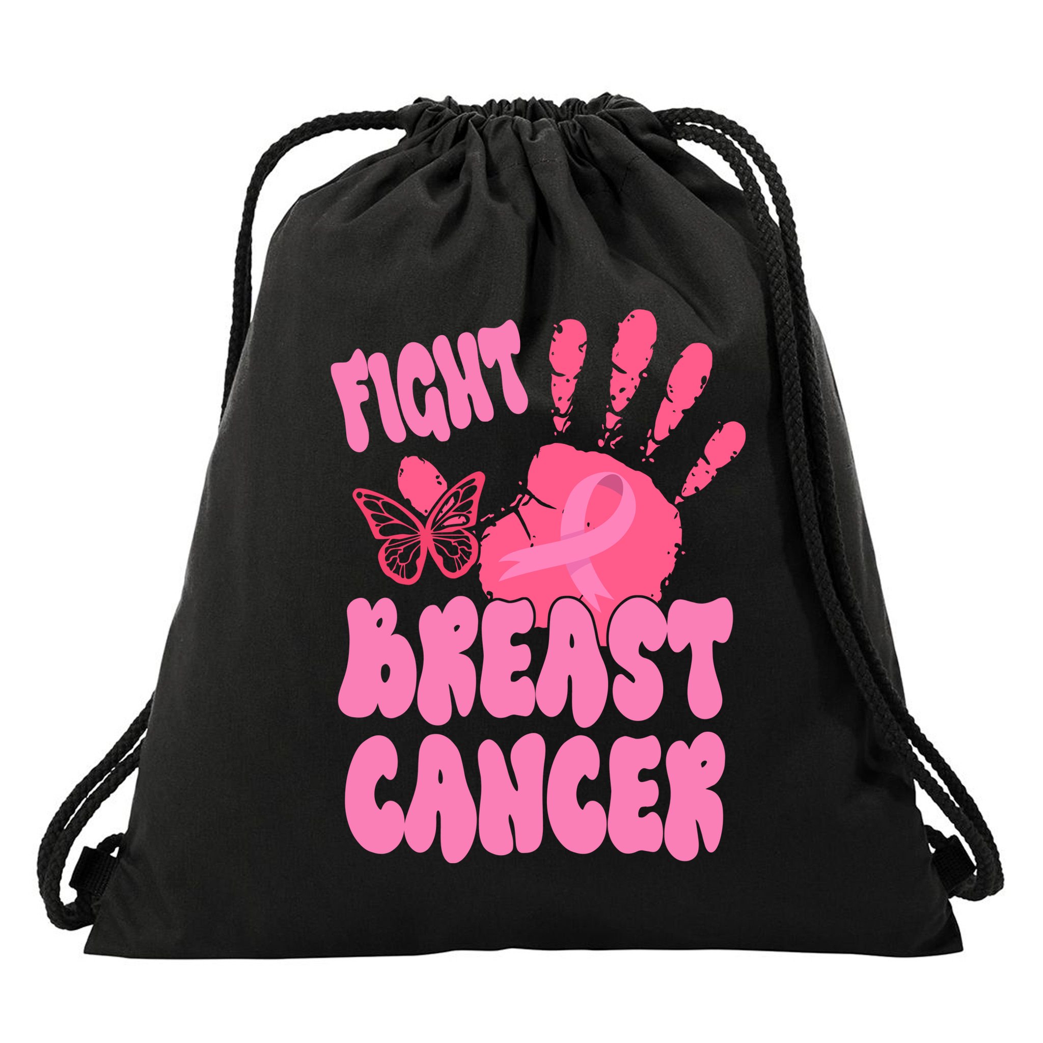 Fight Breast Cancer Handprint Ribbon Drawstring Bag