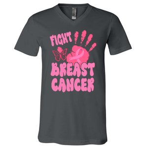 Fight Breast Cancer Handprint Ribbon V-Neck T-Shirt