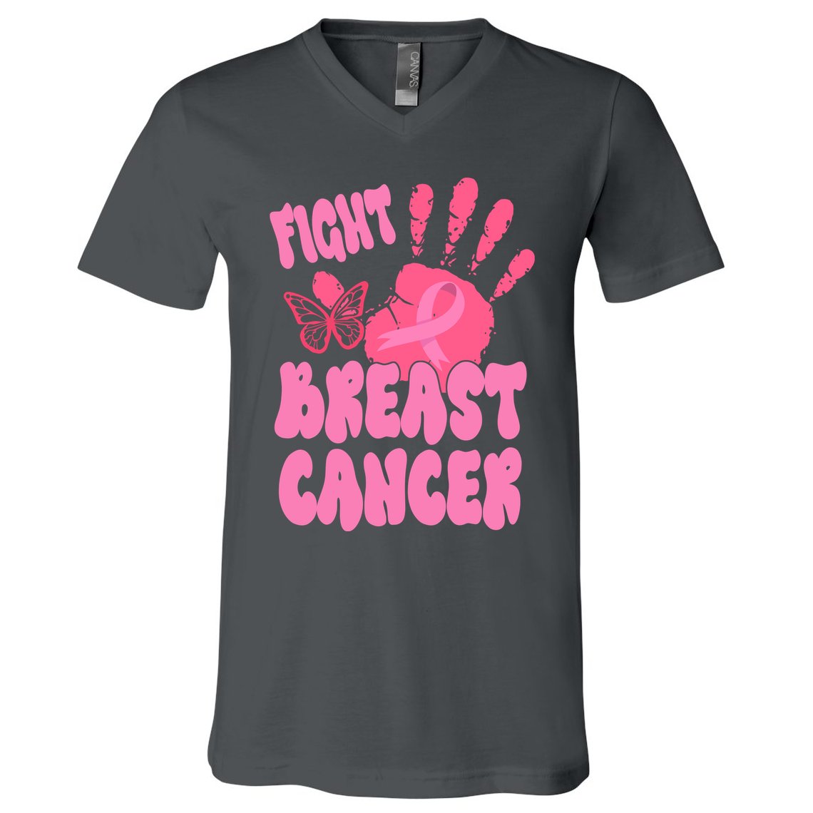 Fight Breast Cancer Handprint Ribbon V-Neck T-Shirt