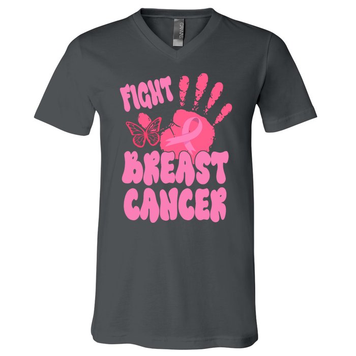 Fight Breast Cancer Handprint Ribbon V-Neck T-Shirt