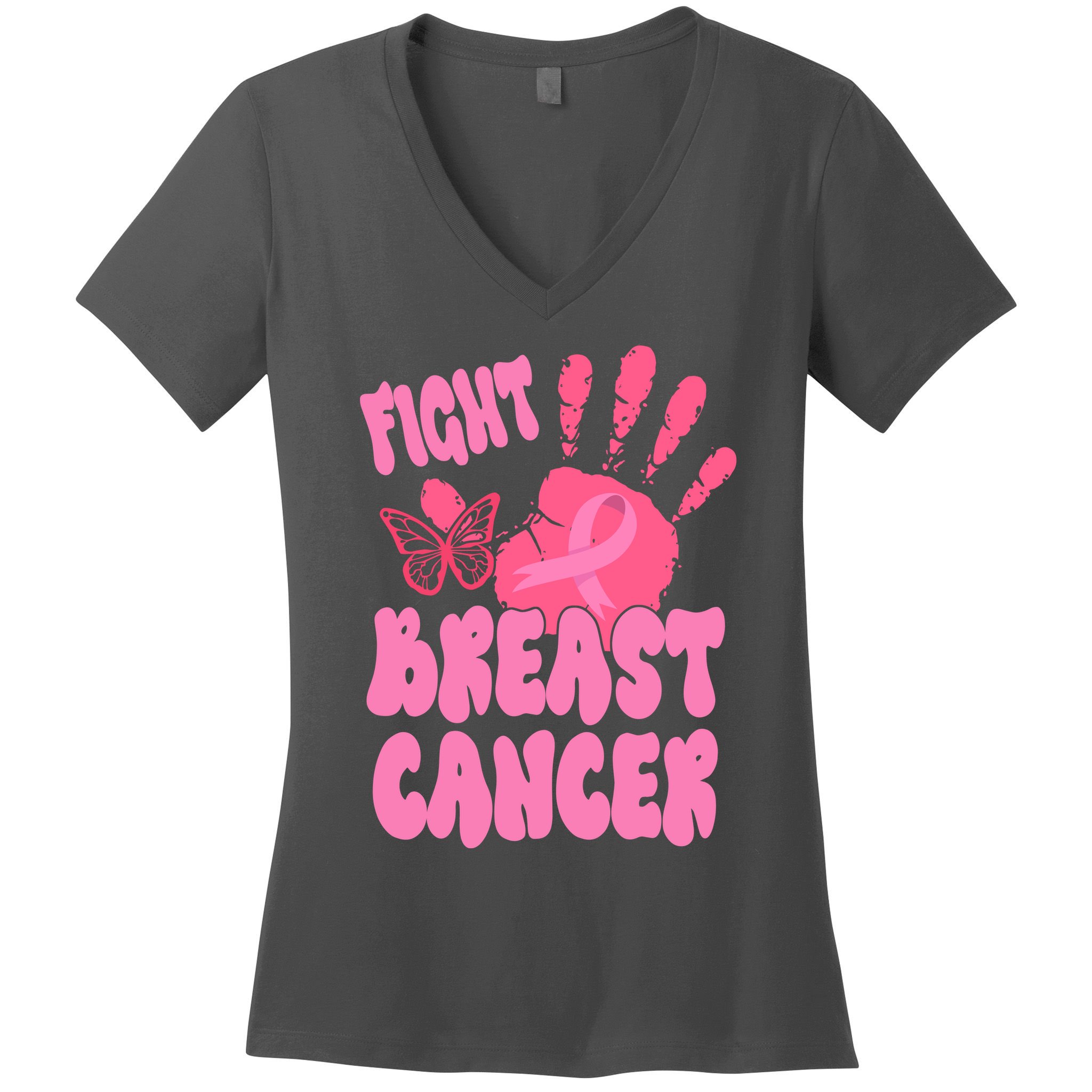 Fight Breast Cancer Handprint Ribbon Women's V-Neck T-Shirt