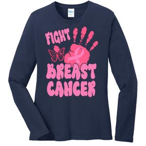 Fight Breast Cancer Handprint Ribbon Ladies Long Sleeve Shirt