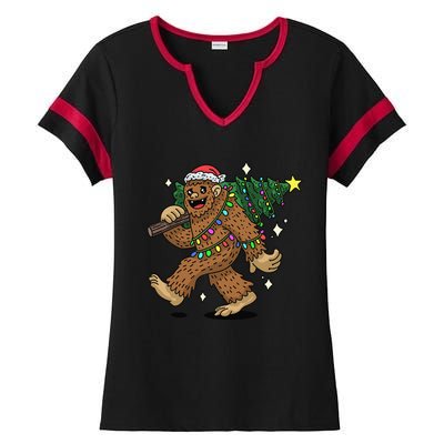 Funny Bigfoot Carrying Christmas Tree Holiday Sasquatch Ladies Halftime Notch Neck Tee