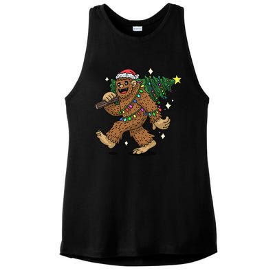 Funny Bigfoot Carrying Christmas Tree Holiday Sasquatch Ladies PosiCharge Tri-Blend Wicking Tank