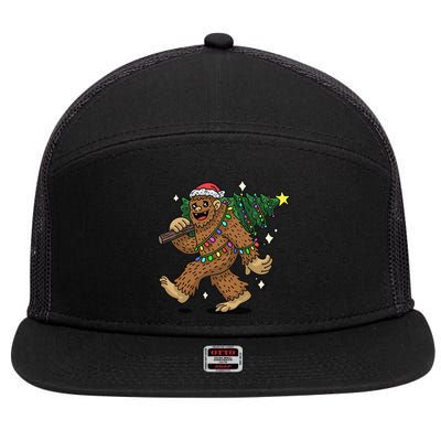 Funny Bigfoot Carrying Christmas Tree Holiday Sasquatch 7 Panel Mesh Trucker Snapback Hat