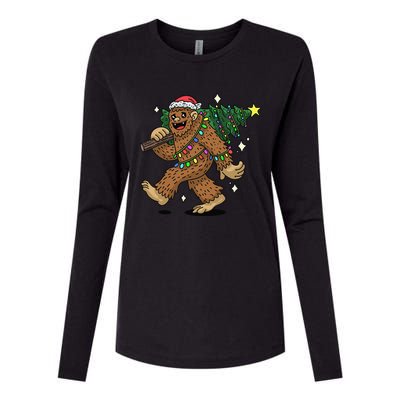 Funny Bigfoot Carrying Christmas Tree Holiday Sasquatch Womens Cotton Relaxed Long Sleeve T-Shirt