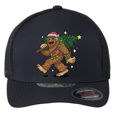 Funny Bigfoot Carrying Christmas Tree Holiday Sasquatch Flexfit Unipanel Trucker Cap